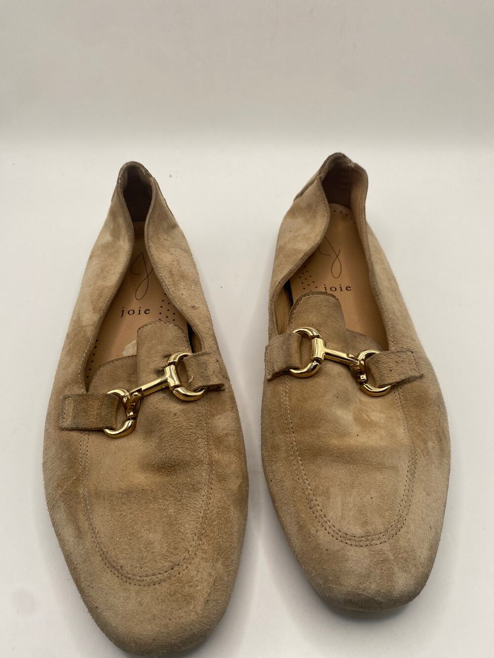 Joie Women’s Size 8 Tan Beige Suede Leather Loafers Gold Horsebit Slip On Flats